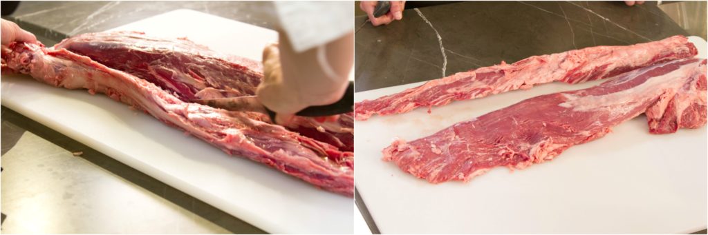 Cutting away chain muscle from a beef tenderloin
