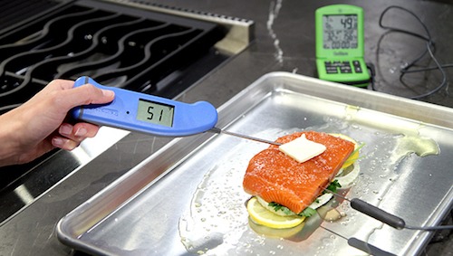 Using a ChefAlarm and Thermapen to temp salmon
