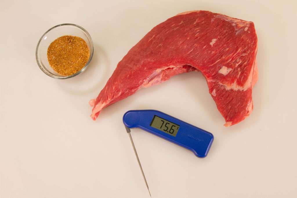 Tritip with rub and thermometer
