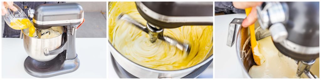 Mixing the eggs into the batter until smooth