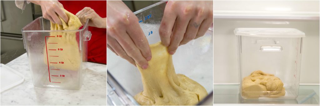folding brioche dough, then starting refrigerated fermentation.