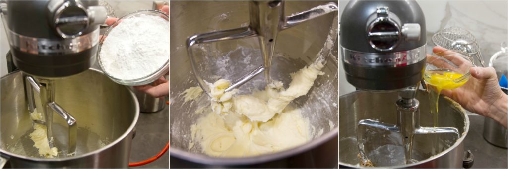 Adding sugar and eggs when mixing cinnamon roll filling