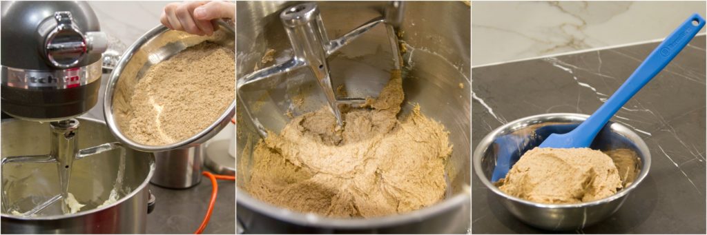 Mixing in almond flour and cinnamon to cinnamon roll filling.