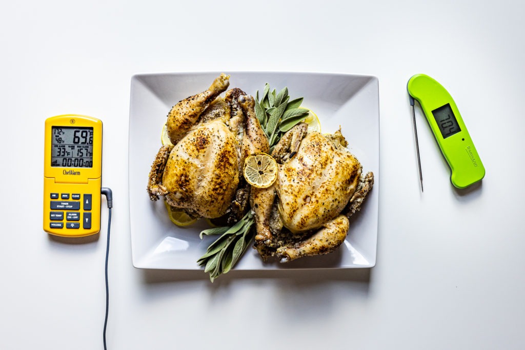 Cornish game hens with thermometers