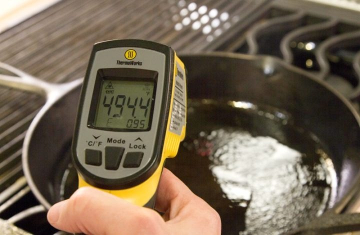 Infrared Thermometer measuring skillet