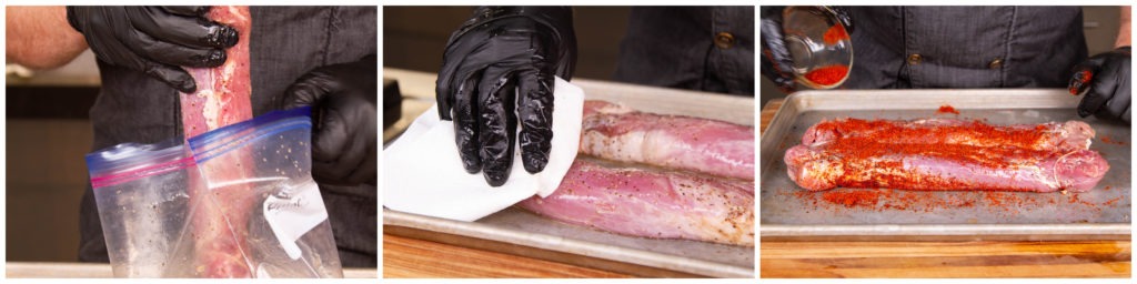 Season the pork tenderloins with the rub before smoking them at 250°F
