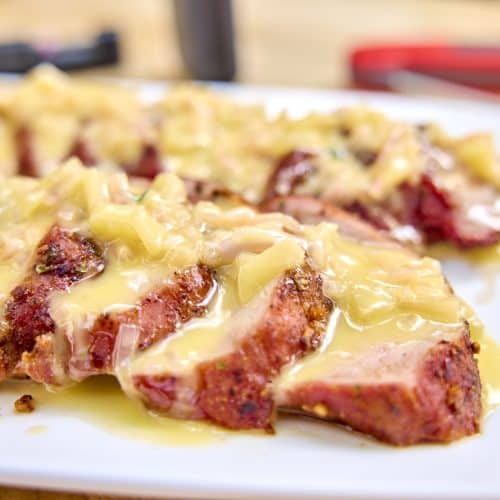 Smoked pork tenderloin with apple beurre blanc