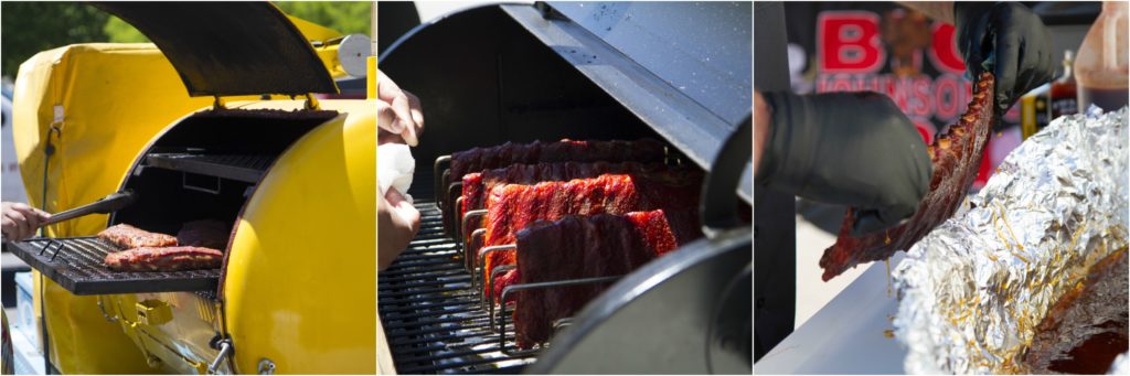 Smoking pork ribs at a BBQ competition