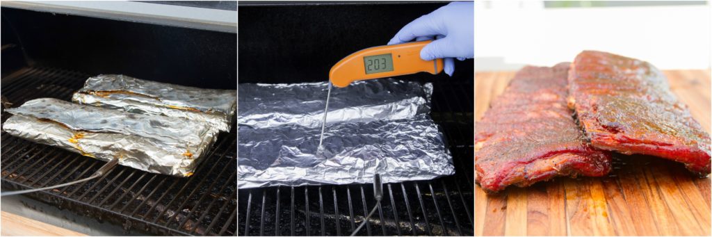 Verifying the internal temperature of competition-style pork ribs with a Thermapen.