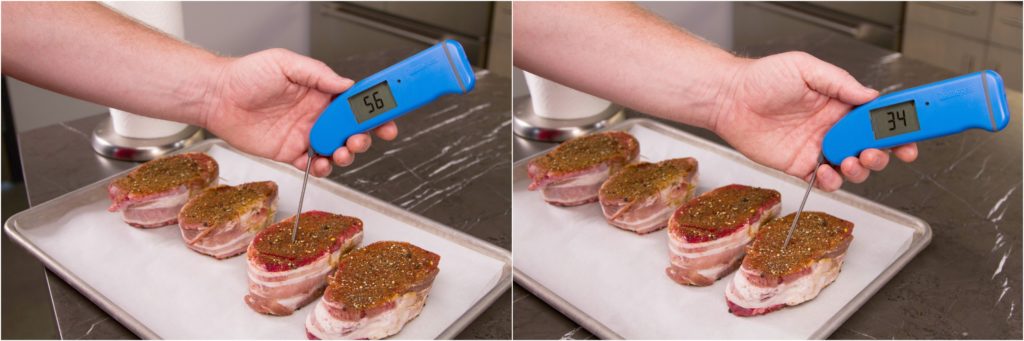 Spot checking temperature of filet mignon steaks before smoking.