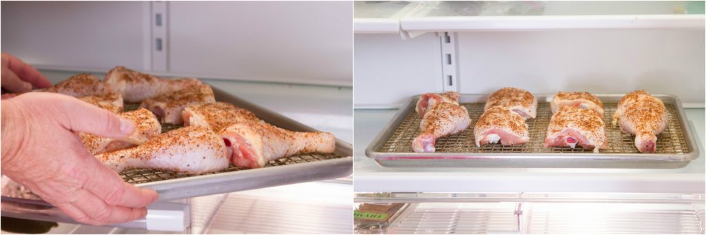 Placing seasoned chicken pieces into refrigerator to dry brine overnight