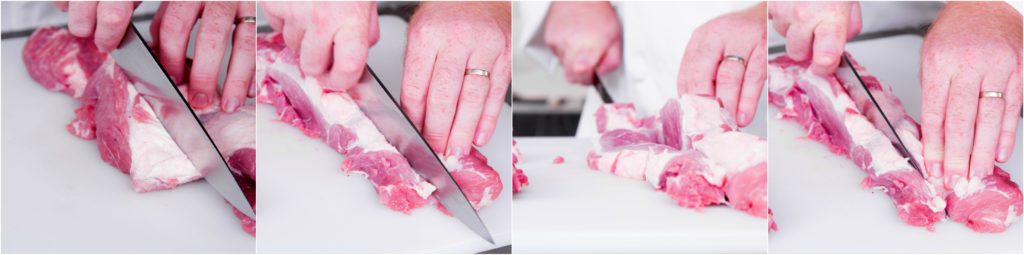 Slicing pork into 1-1.5" slices for char siu