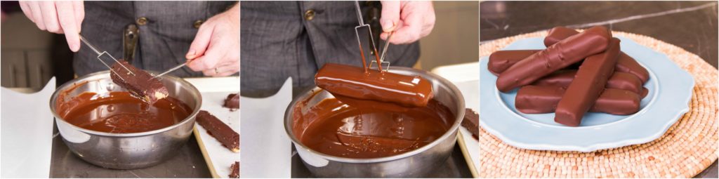 Dip the candy in the tempered chocolate