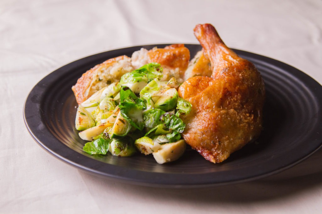 Smoke roasted chicken with sauteed brussels sprouts