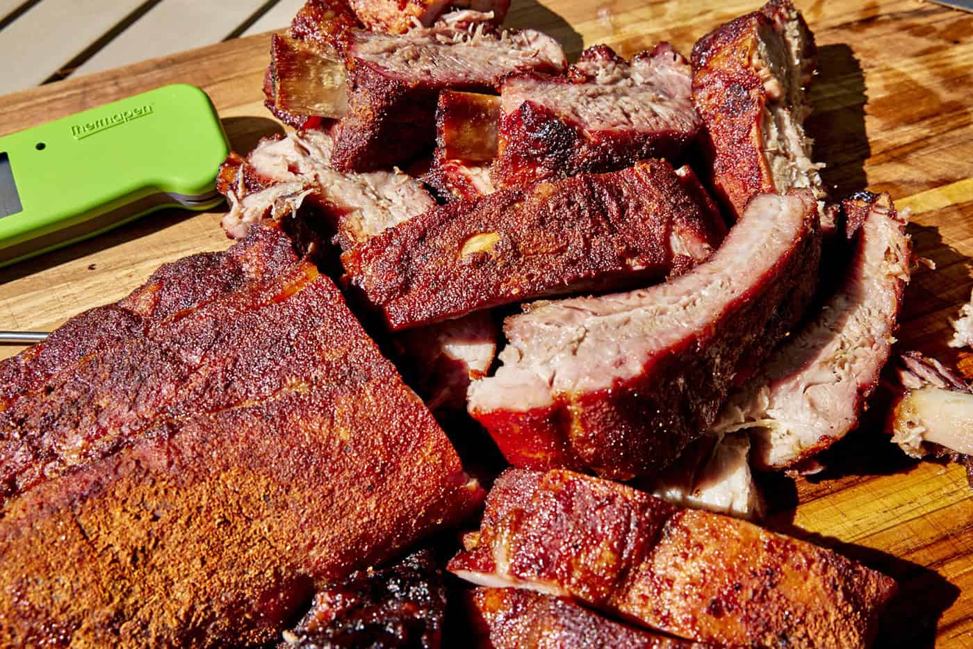baby back ribs with Thermapen in the pile