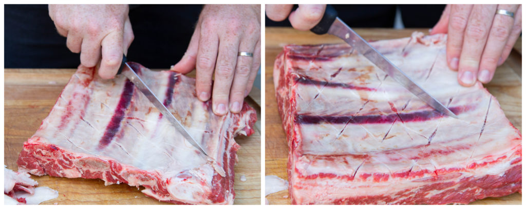 Score the membrane of the beef ribs