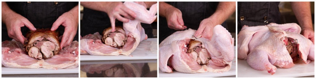 Stuff the turkey with the duck and skewer the skin closed
