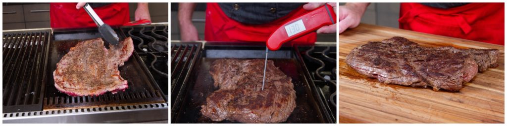 Cook the beef, flipping every few minutes, until you reach temp. 