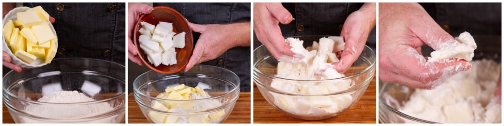 Press the butter and lard into the flour until it becomes mealy.