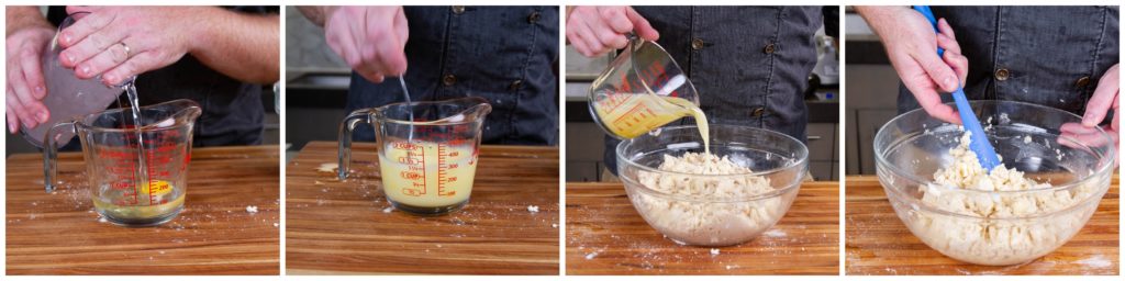 Whisk together the egg and enough water to make one cup. Add to the flour mixture and mix to form a paste.