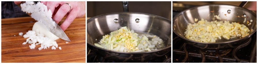 Sauté the diced onion and apple in butter until translucent but not browned