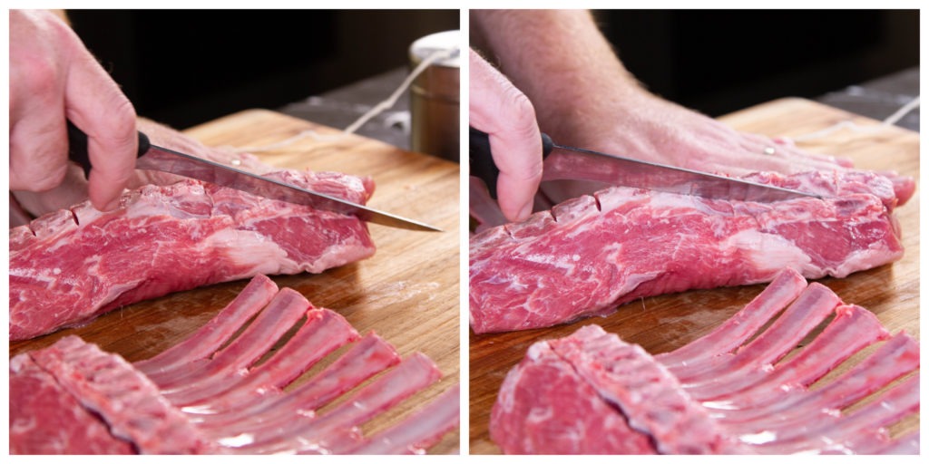 Score the lamb along the base of the ribs by cutting another quarter-inch slit along the length of the loin