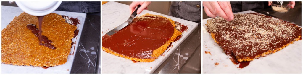 Spread chocolate on the toffee, sprinkle with finely chopped nuts