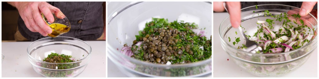 Make the fresh topping by combining the onions, parsley, capers, and olive oil. 