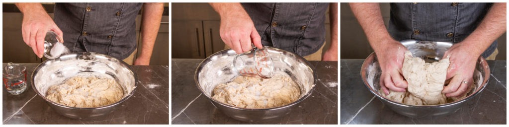 Mix the water and salt into the dough and combine it all by squeezing and pinching the dough together