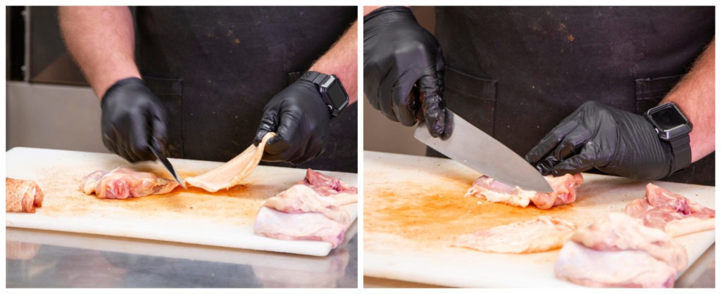 Pull and slice the skin off the meat, then trim excess fat from the meat.