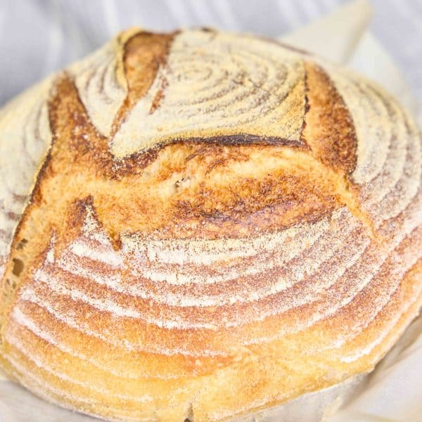 A loaf of homemade sourdough bread