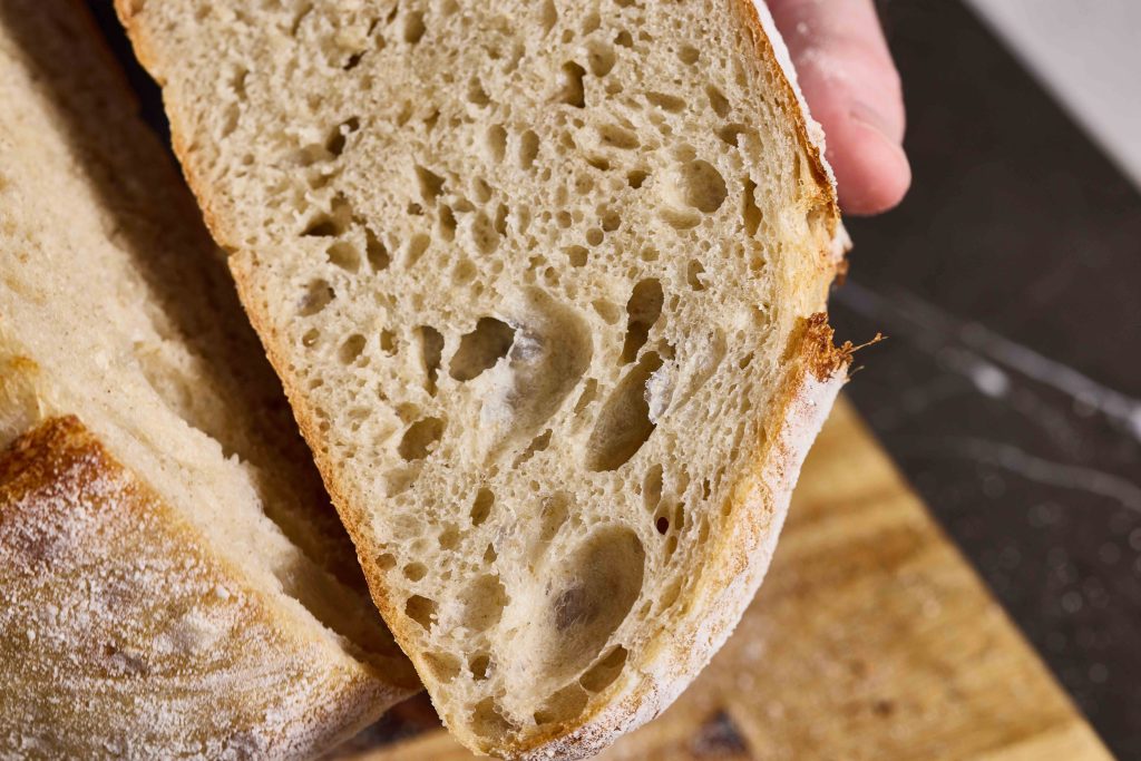 The interior crumb of a sourdough loaf