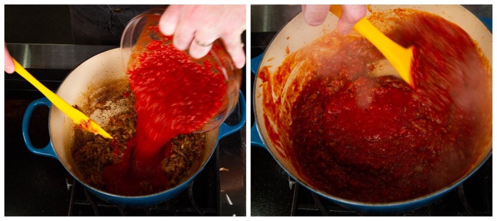 Adding crushed tomatoes to sauce