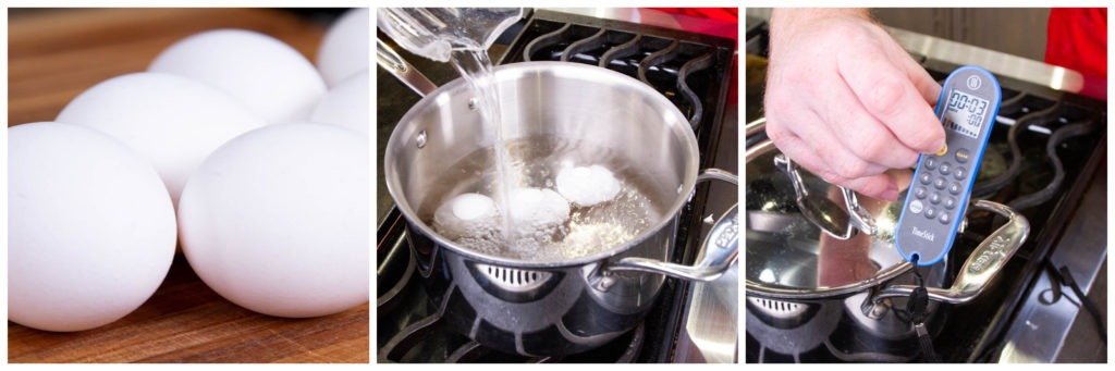 Boil the eggs, then let sit in hot water, covered, for 3 minutes. 