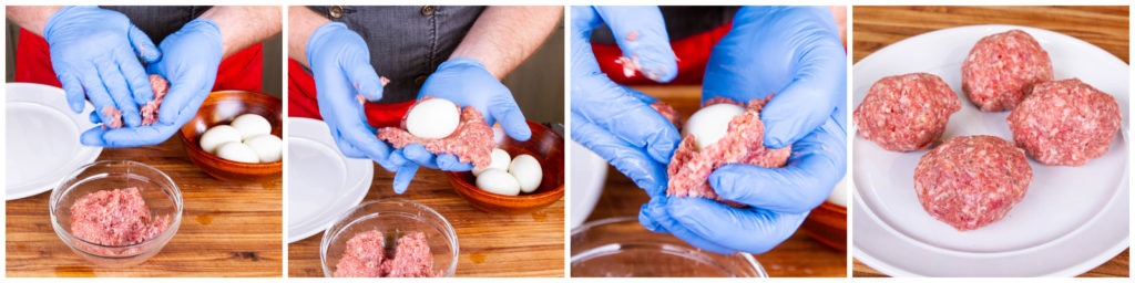 Wrap the eggs in sausage, about 1/8-3/6 inches thick.
