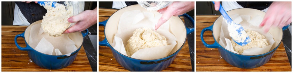 Put the dough in the pot and shape it like a rounded boule. Be careful not to burn yourself!