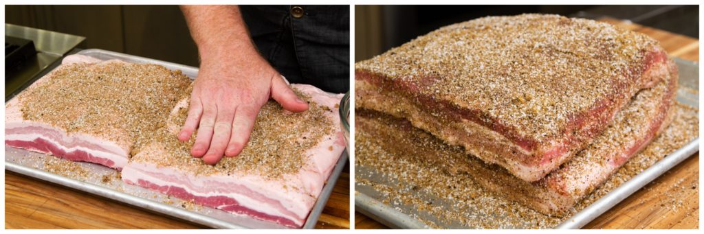 Rub the cure all over the raw pork belly.