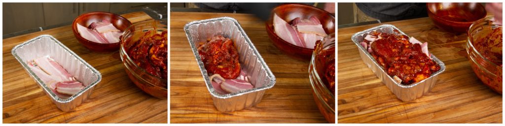 Layer the pork and bacon in a loaf pan