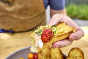 Shrimp and tomato on toast