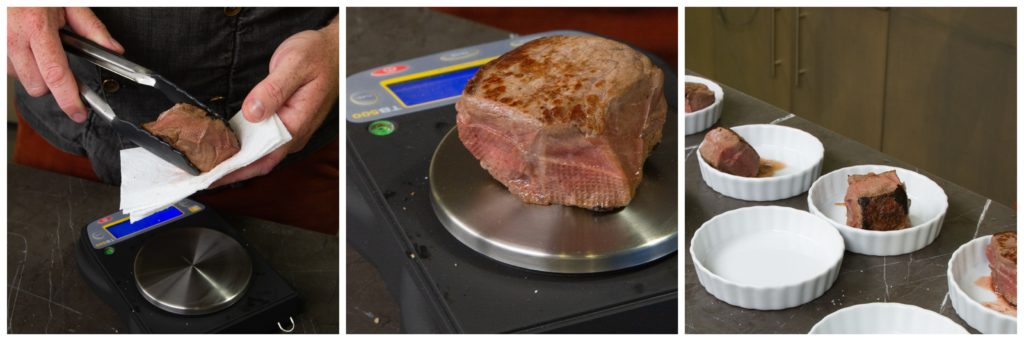 Blotting and weighing the steaks