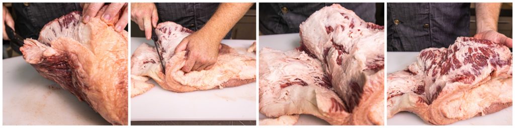 Trim the fat from between the two brisket muscles.