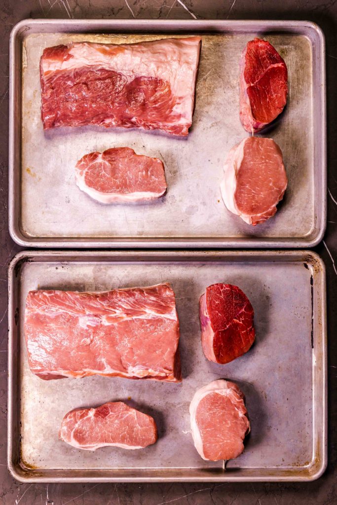 Several meats of different size and shape that will carry-over cook differently