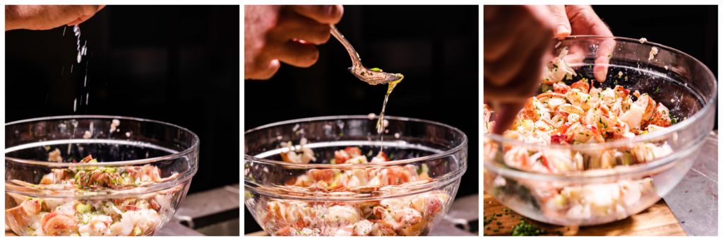Toss the lobster with chives, celery, parsley, lemon, and butter