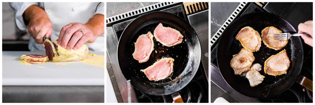 Slice the cured pork loin and pan fry it until lightly browned. 