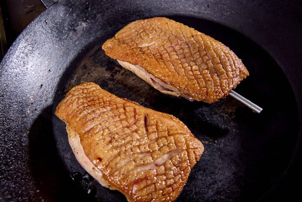 Seared duck breast in pan