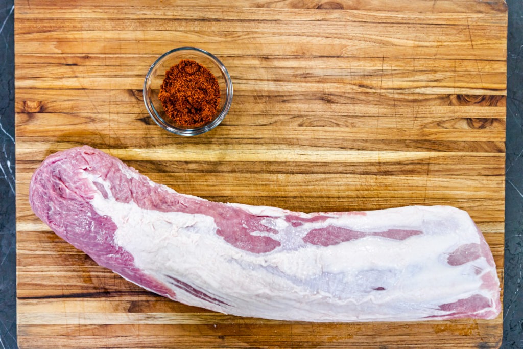 Simple ingredients for smoked pork loin: rub and pork