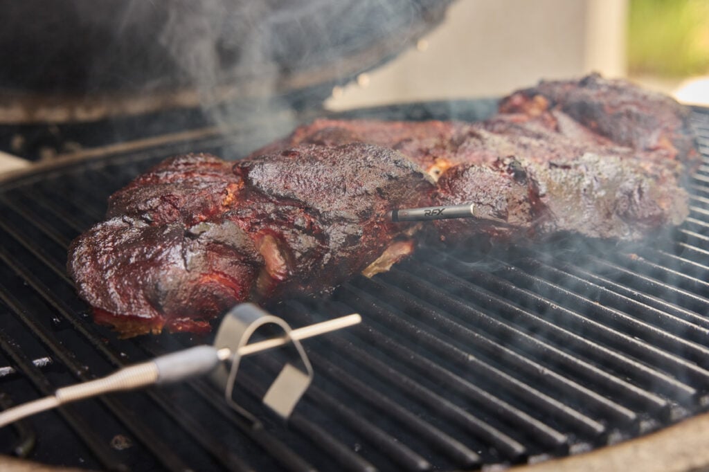BBQ pork but with thermometer on smoker