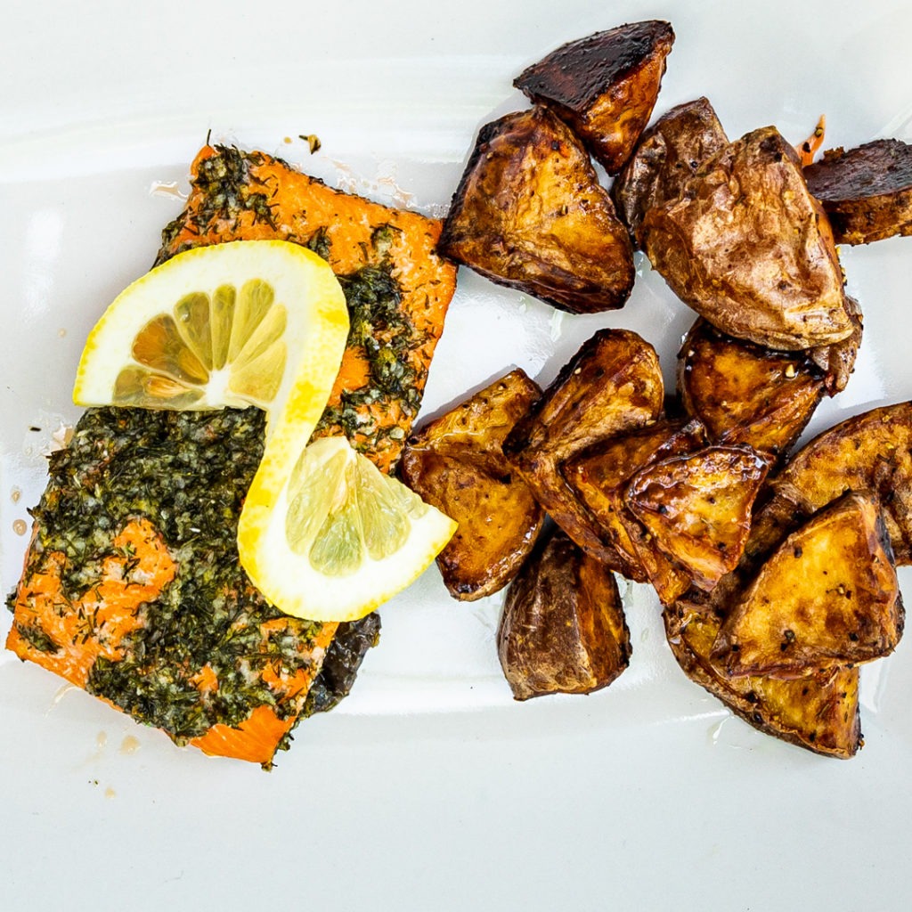 Grilled salmon with roasted potatoes