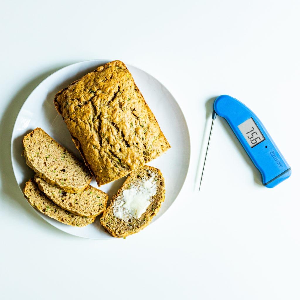 Zucchini bread with a  thermometer