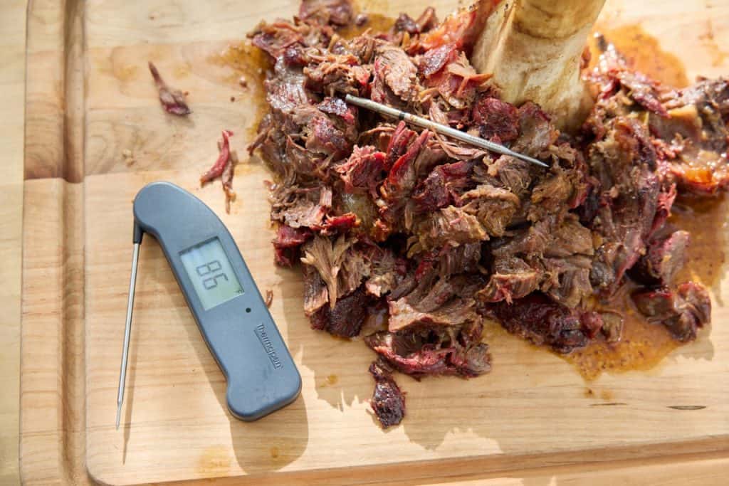 Shredded beef shank with thermometers